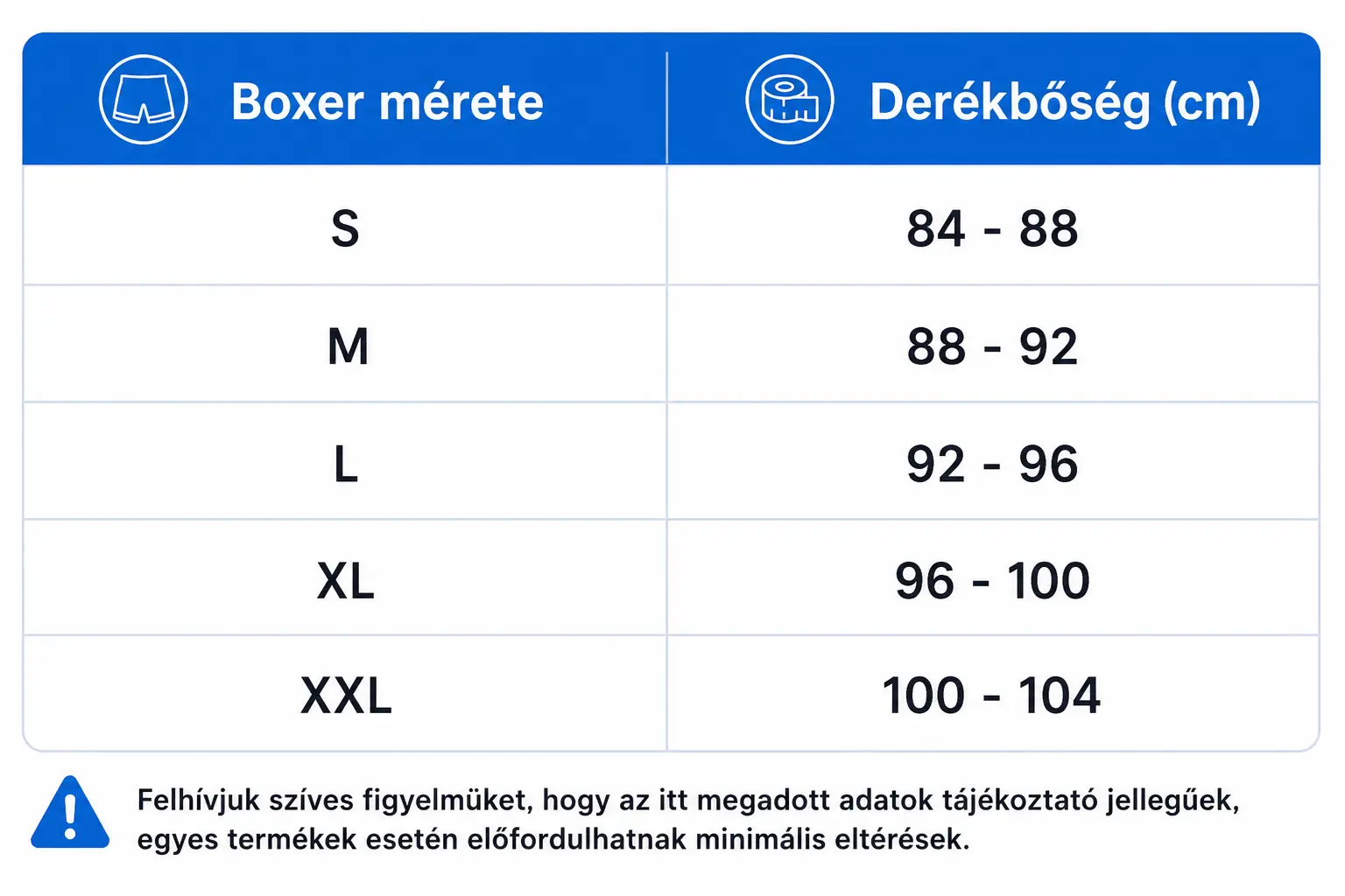 Boxer mérettáblázat