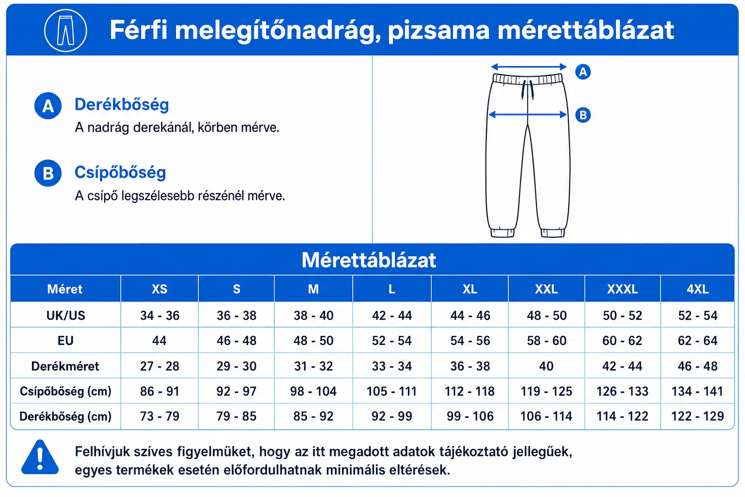 Férfi melegítőnadrág, pizsama mérettáblázat
