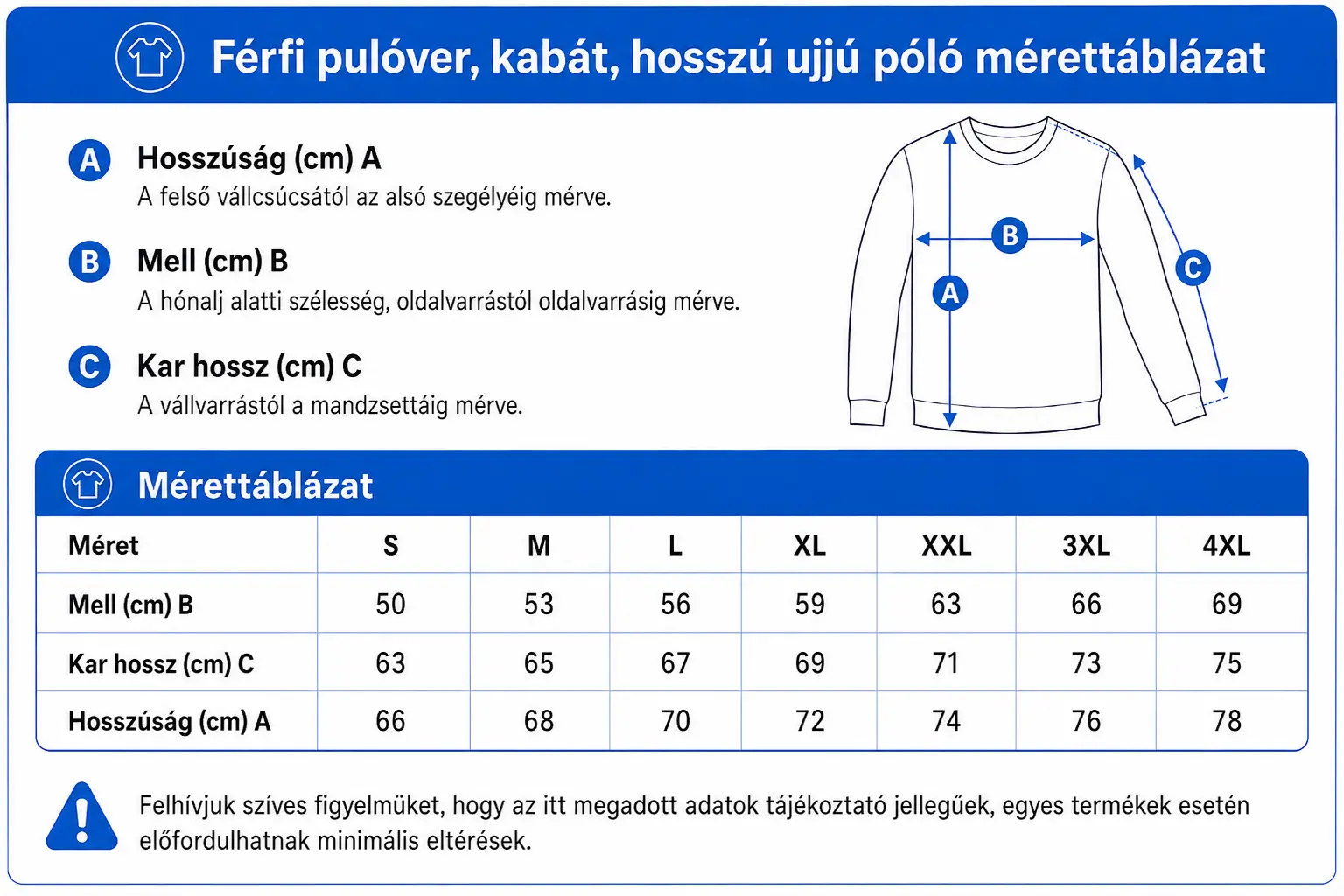 Férfi pulóver, kabát, mellény, hosszú ujjú póló mérettáblázat