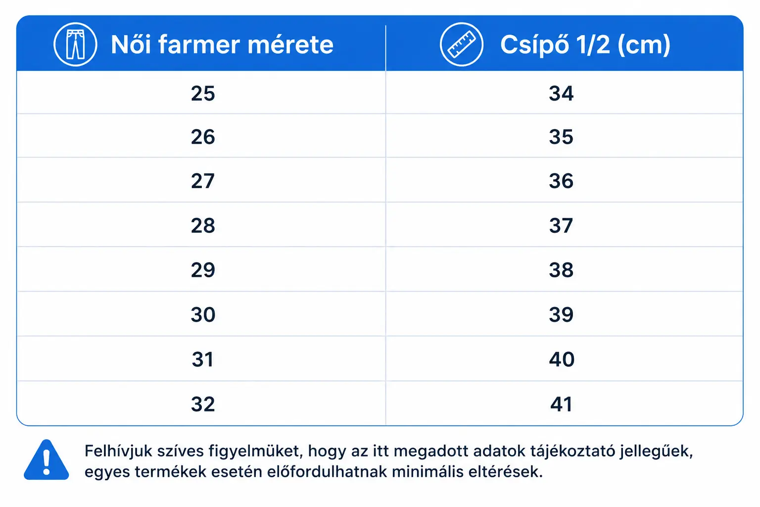 Női farmer mérettáblázat