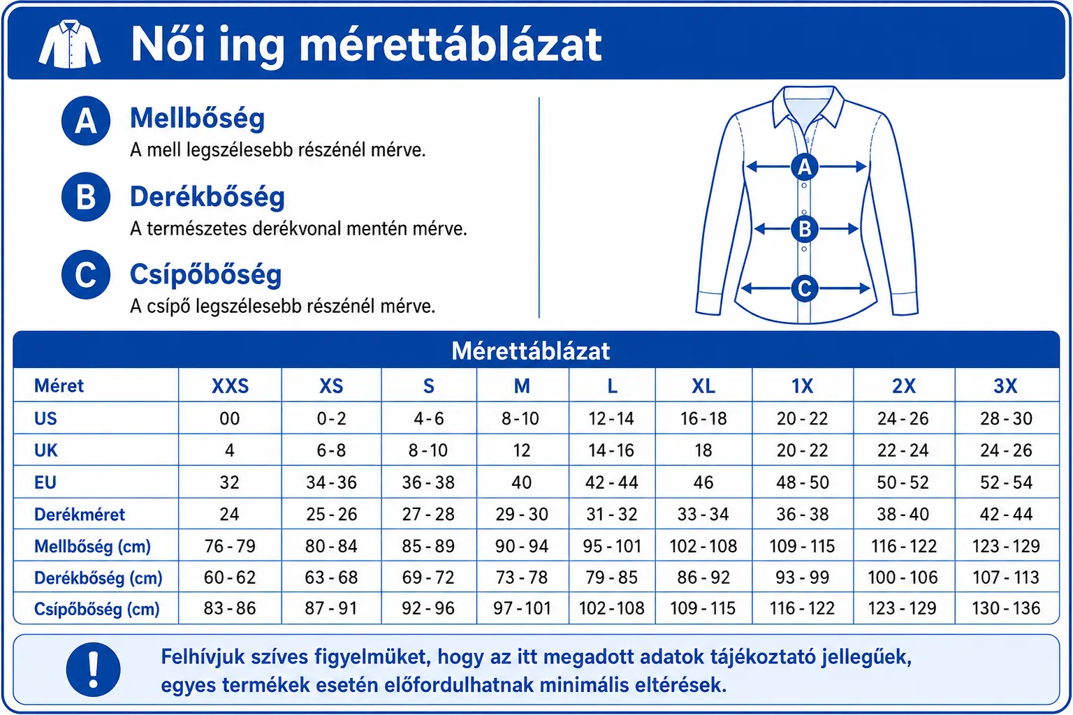 Női ing mérettáblázat