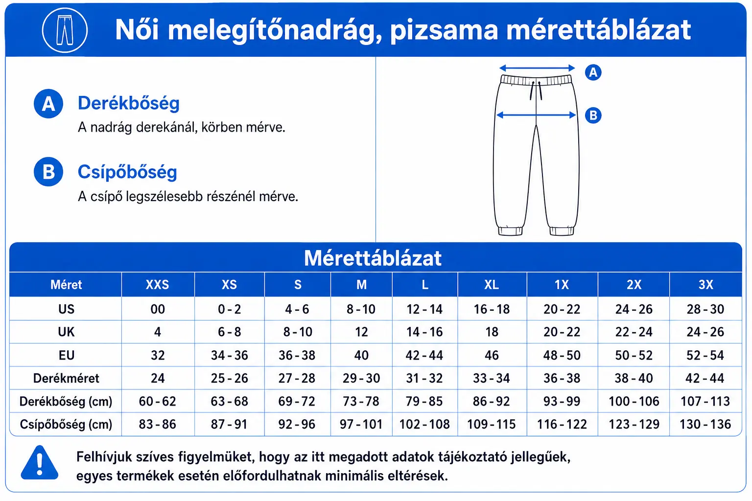 Női melegítőnadrág, pizsama mérettáblázat