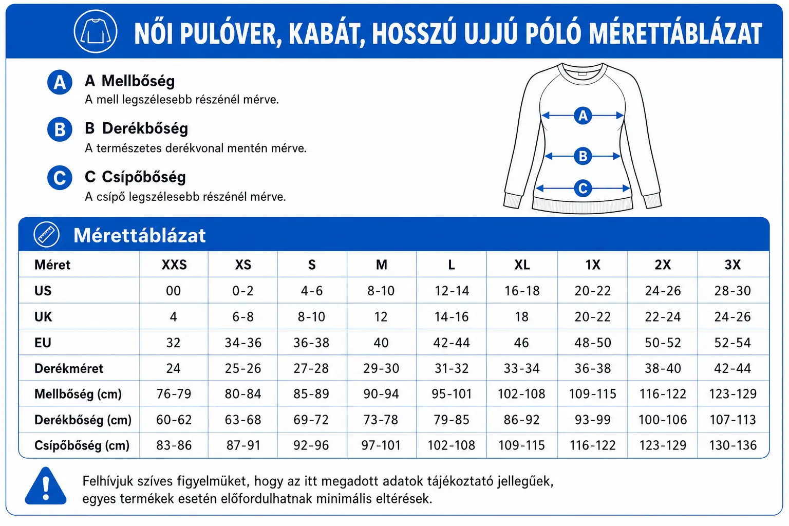 Női pulóver, kabát, mellény, hosszú ujjó póló mérettáblázat