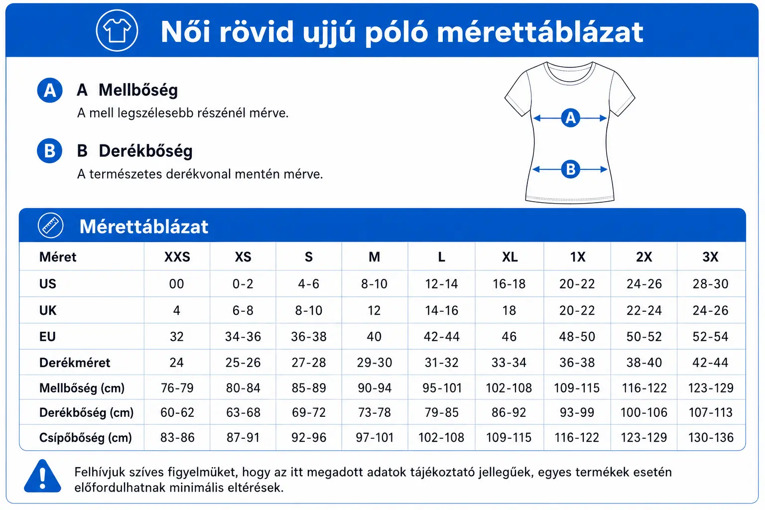 Női rövid ujjú póló mérettáblázat